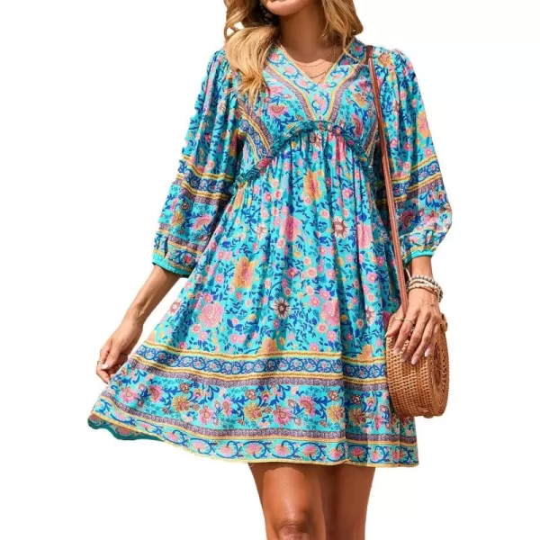 BTFBM Women Casual Spring Summer Dresses V Neck 34 Long Sleeve Ruffle Floral Flowy Boho Babydoll Mini Short Beach DressFloral Green