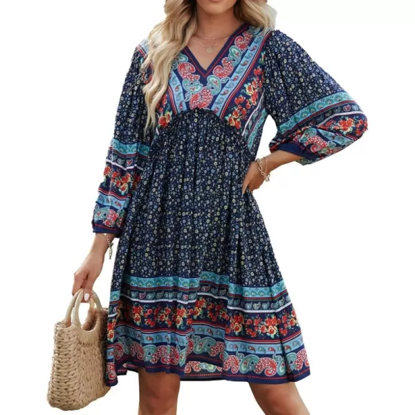 BTFBM Women Casual Spring Summer Dresses V Neck 34 Long Sleeve Ruffle Floral Flowy Boho Babydoll Mini Short Beach DressFloral Navy