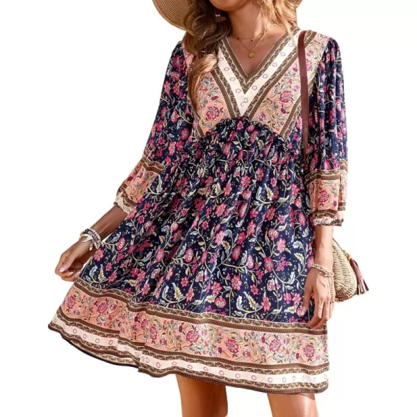 BTFBM Women Casual Spring Summer Dresses V Neck 34 Long Sleeve Ruffle Floral Flowy Boho Babydoll Mini Short Beach DressFloral Red Navy