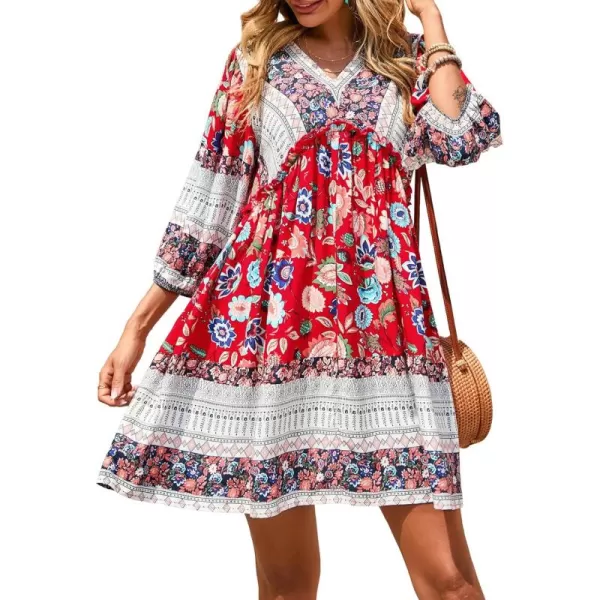 BTFBM Women Casual Spring Summer Dresses V Neck 34 Long Sleeve Ruffle Floral Flowy Boho Babydoll Mini Short Beach DressFloral Red White