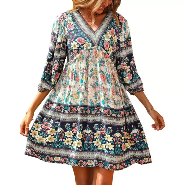 BTFBM Women Casual Spring Summer Dresses V Neck 34 Long Sleeve Ruffle Floral Flowy Boho Babydoll Mini Short Beach DressFloral White