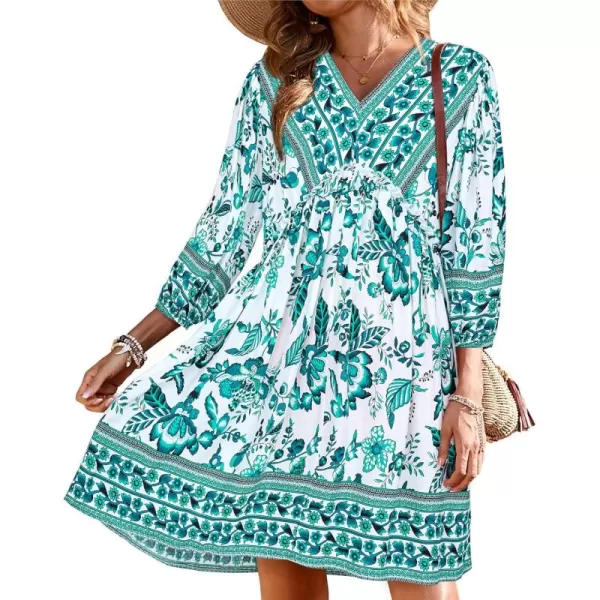 BTFBM Women Casual Spring Summer Dresses V Neck 34 Long Sleeve Ruffle Floral Flowy Boho Babydoll Mini Short Beach DressFloral White Blue