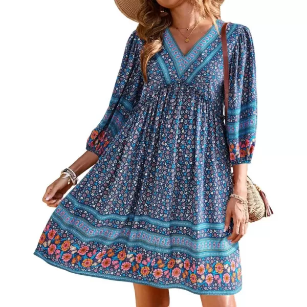 BTFBM Women Casual Spring Summer Dresses V Neck 34 Long Sleeve Ruffle Floral Flowy Boho Babydoll Mini Short Beach DressFloral White Blue Grey