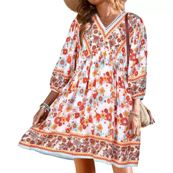 BTFBM Women Casual Spring Summer Dresses V Neck 34 Long Sleeve Ruffle Floral Flowy Boho Babydoll Mini Short Beach DressFloral White Red
