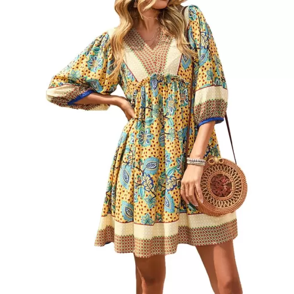 BTFBM Women Casual Spring Summer Dresses V Neck 34 Long Sleeve Ruffle Floral Flowy Boho Babydoll Mini Short Beach DressFloral Yellow Apricot