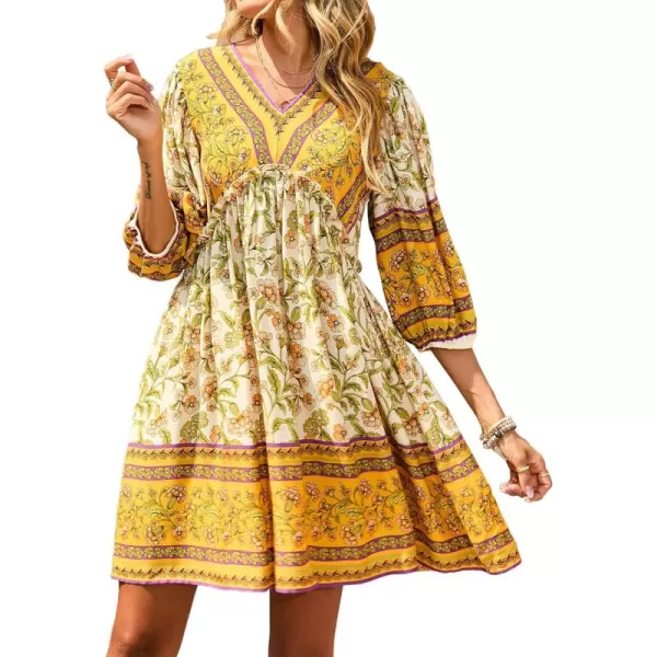 BTFBM Women Casual Spring Summer Dresses V Neck 34 Long Sleeve Ruffle Floral Flowy Boho Babydoll Mini Short Beach DressFloral Yellow White