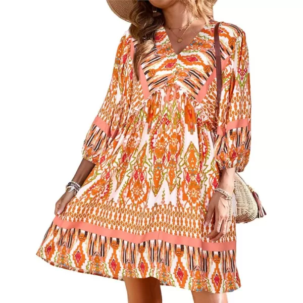 BTFBM Women Casual Spring Summer Dresses V Neck 34 Long Sleeve Ruffle Floral Flowy Boho Babydoll Mini Short Beach DressPrint Orange