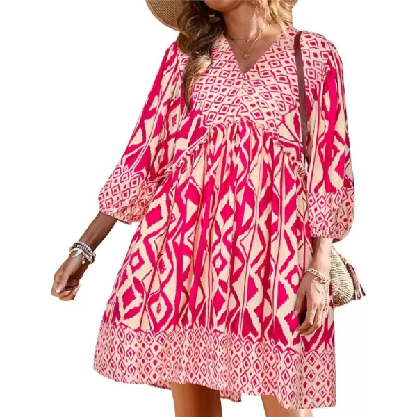 BTFBM Women Casual Spring Summer Dresses V Neck 34 Long Sleeve Ruffle Floral Flowy Boho Babydoll Mini Short Beach DressPrint Rose Red