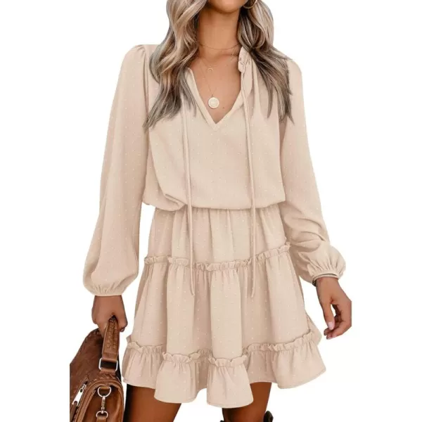 BTFBM Women Casual Summer Fall Dresses Tie V Neck Long Sleeve High Waist Ruffle Tiered A Line Swing Tunic Mini DressDot Apricot