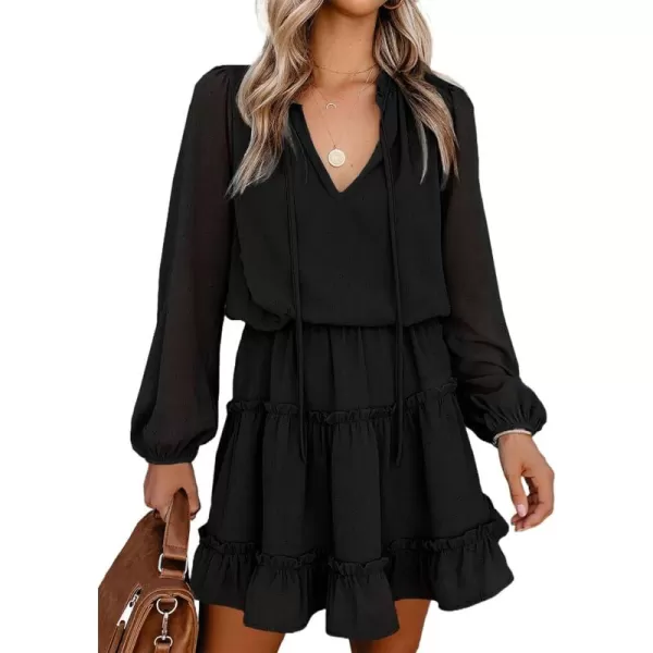 BTFBM Women Casual Summer Fall Dresses Tie V Neck Long Sleeve High Waist Ruffle Tiered A Line Swing Tunic Mini DressDot Black