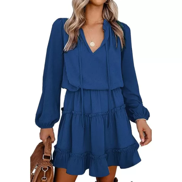 BTFBM Women Casual Summer Fall Dresses Tie V Neck Long Sleeve High Waist Ruffle Tiered A Line Swing Tunic Mini DressDot Dark Blue