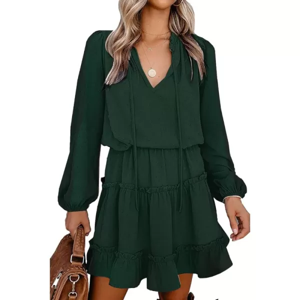 BTFBM Women Casual Summer Fall Dresses Tie V Neck Long Sleeve High Waist Ruffle Tiered A Line Swing Tunic Mini DressDot Dark Green