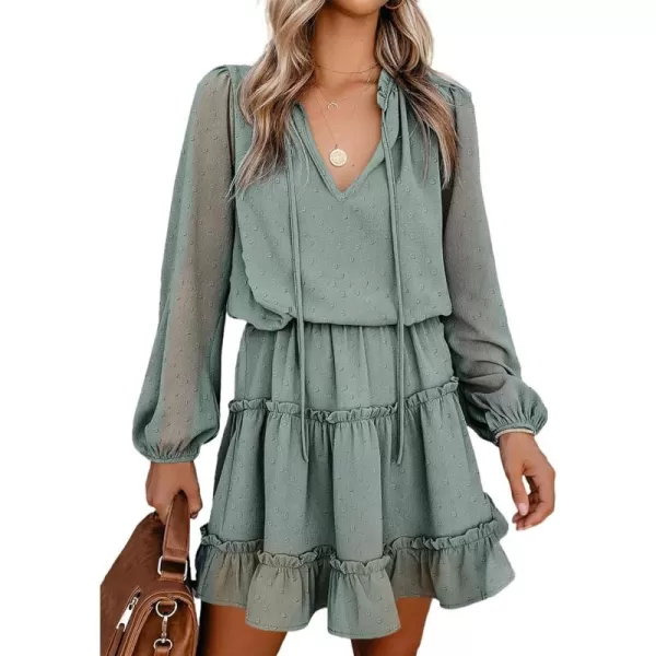 BTFBM Women Casual Summer Fall Dresses Tie V Neck Long Sleeve High Waist Ruffle Tiered A Line Swing Tunic Mini DressDot Green
