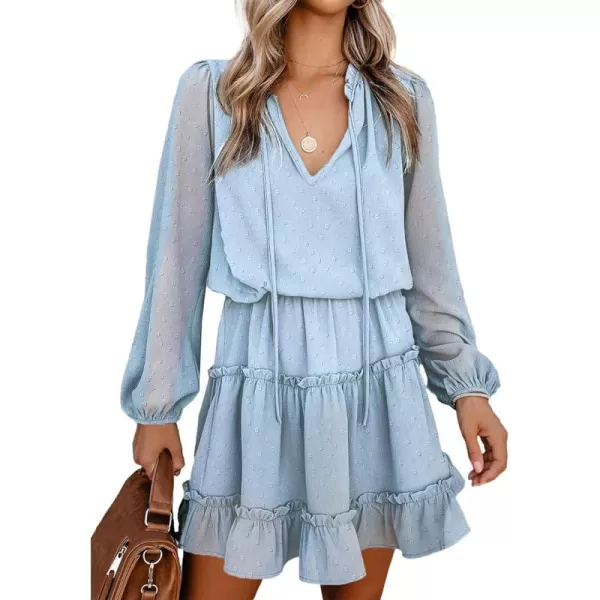 BTFBM Women Casual Summer Fall Dresses Tie V Neck Long Sleeve High Waist Ruffle Tiered A Line Swing Tunic Mini DressDot Light Blue