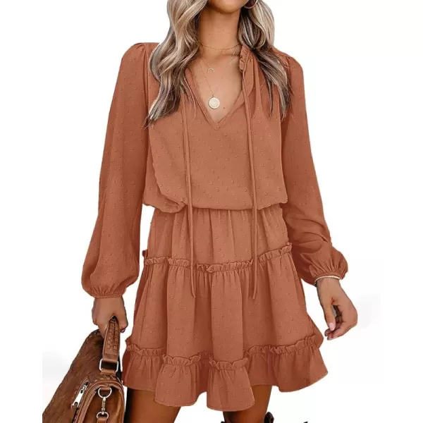 BTFBM Women Casual Summer Fall Dresses Tie V Neck Long Sleeve High Waist Ruffle Tiered A Line Swing Tunic Mini DressDot Orange Yellow