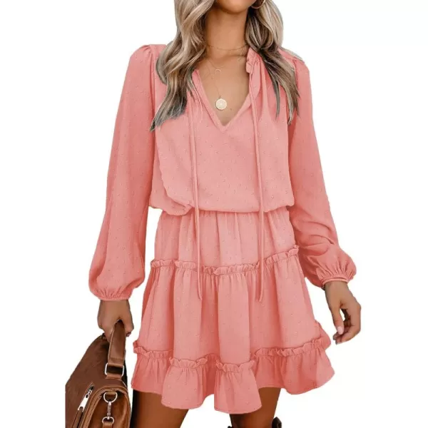BTFBM Women Casual Summer Fall Dresses Tie V Neck Long Sleeve High Waist Ruffle Tiered A Line Swing Tunic Mini DressDot Pink