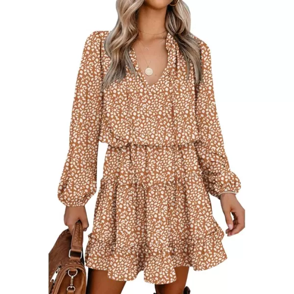 BTFBM Women Casual Summer Fall Dresses Tie V Neck Long Sleeve High Waist Ruffle Tiered A Line Swing Tunic Mini DressLeopard Coffee