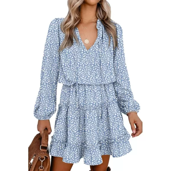 BTFBM Women Casual Summer Fall Dresses Tie V Neck Long Sleeve High Waist Ruffle Tiered A Line Swing Tunic Mini DressLeopard Light Blue