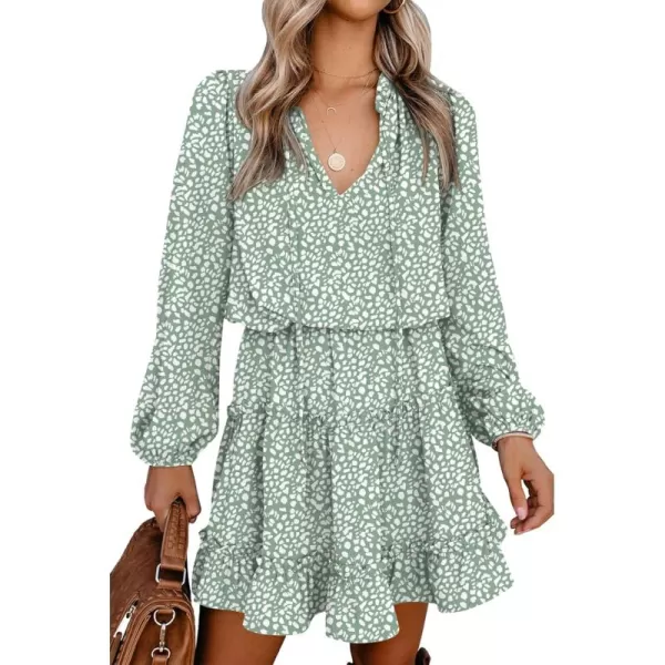 BTFBM Women Casual Summer Fall Dresses Tie V Neck Long Sleeve High Waist Ruffle Tiered A Line Swing Tunic Mini DressLeopard Light Green