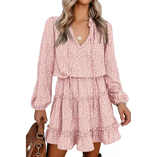 BTFBM Women Casual Summer Fall Dresses Tie V Neck Long Sleeve High Waist Ruffle Tiered A Line Swing Tunic Mini DressLeopard Pink