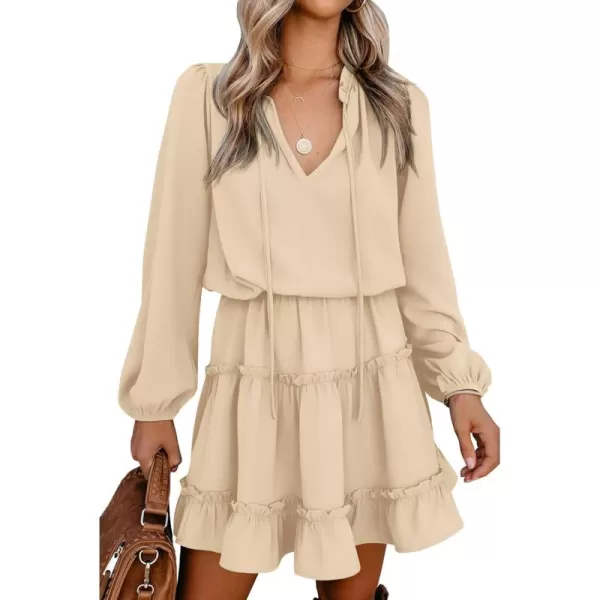 BTFBM Women Casual Summer Fall Dresses Tie V Neck Long Sleeve High Waist Ruffle Tiered A Line Swing Tunic Mini DressLong Sleeve Apricot