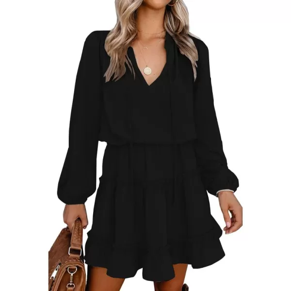 BTFBM Women Casual Summer Fall Dresses Tie V Neck Long Sleeve High Waist Ruffle Tiered A Line Swing Tunic Mini DressLong Sleeve Black