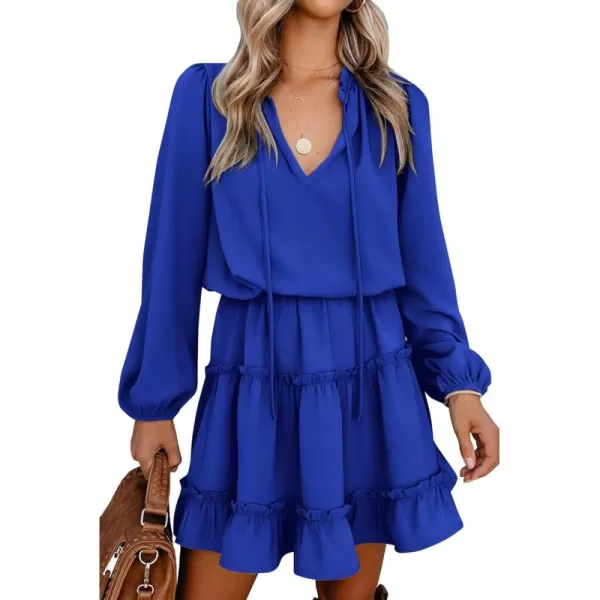 BTFBM Women Casual Summer Fall Dresses Tie V Neck Long Sleeve High Waist Ruffle Tiered A Line Swing Tunic Mini DressLong Sleeve Bright Blue