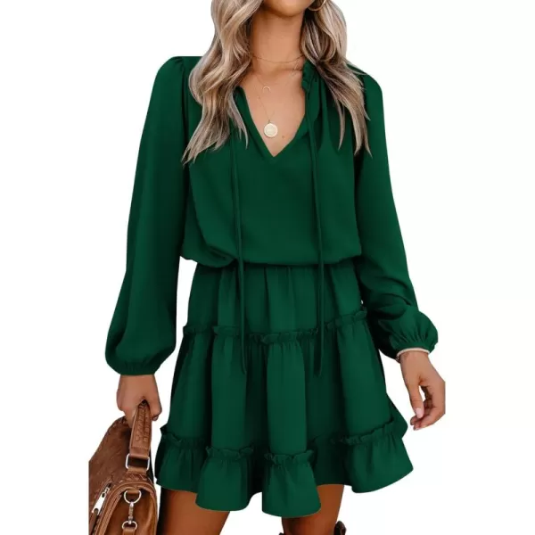 BTFBM Women Casual Summer Fall Dresses Tie V Neck Long Sleeve High Waist Ruffle Tiered A Line Swing Tunic Mini DressLong Sleeve Dark Green
