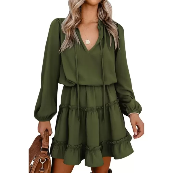 BTFBM Women Casual Summer Fall Dresses Tie V Neck Long Sleeve High Waist Ruffle Tiered A Line Swing Tunic Mini DressLong Sleeve Green