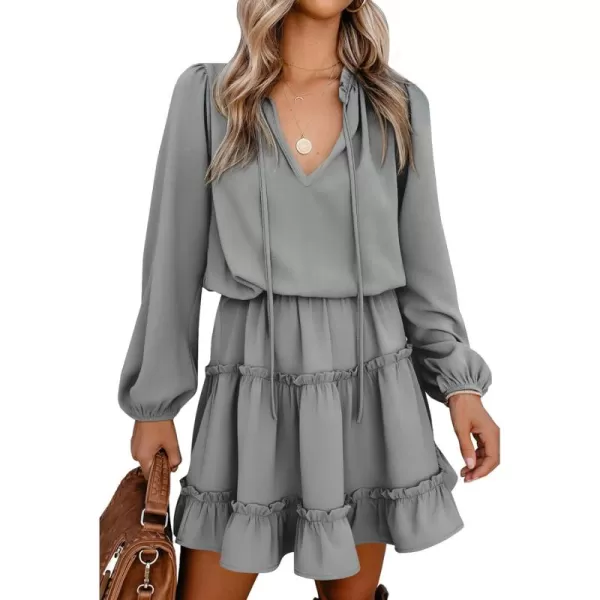 BTFBM Women Casual Summer Fall Dresses Tie V Neck Long Sleeve High Waist Ruffle Tiered A Line Swing Tunic Mini DressLong Sleeve Grey