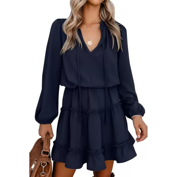 BTFBM Women Casual Summer Fall Dresses Tie V Neck Long Sleeve High Waist Ruffle Tiered A Line Swing Tunic Mini DressLong Sleeve Navy