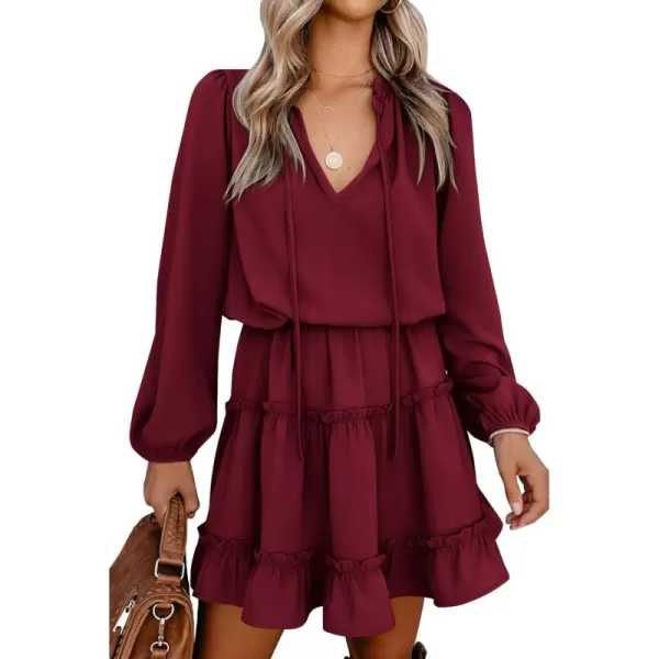 BTFBM Women Casual Summer Fall Dresses Tie V Neck Long Sleeve High Waist Ruffle Tiered A Line Swing Tunic Mini DressLong Sleeve Red