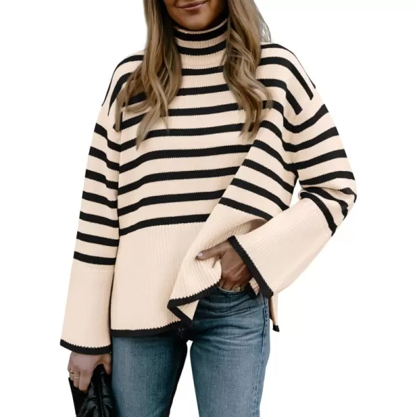 BTFBM Women Casual Turtleneck Striped Sweater 2024 Fall Winter Jumper Tops Long Sleeve Side Slit Oversized Knit PulloverStriped Beige