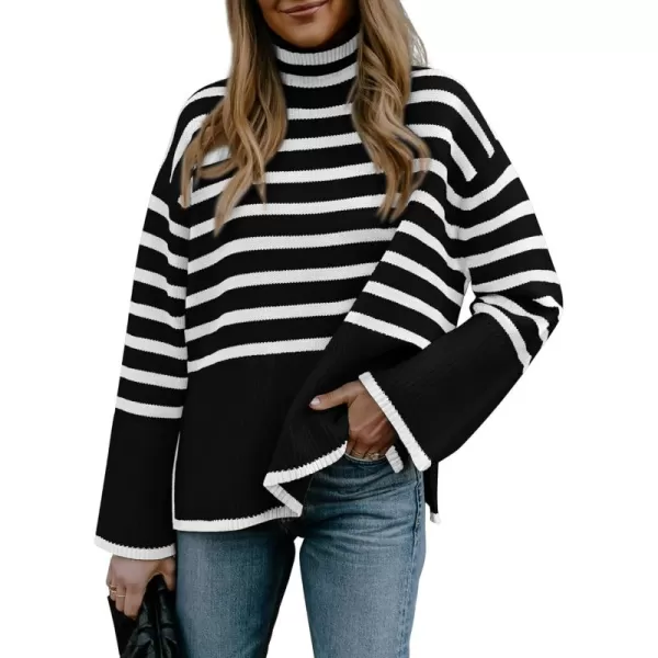 BTFBM Women Casual Turtleneck Striped Sweater 2024 Fall Winter Jumper Tops Long Sleeve Side Slit Oversized Knit PulloverStriped Black