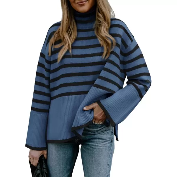 BTFBM Women Casual Turtleneck Striped Sweater 2024 Fall Winter Jumper Tops Long Sleeve Side Slit Oversized Knit PulloverStriped Grey Blue