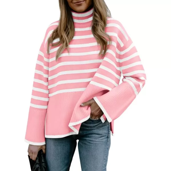 BTFBM Women Casual Turtleneck Striped Sweater 2024 Fall Winter Jumper Tops Long Sleeve Side Slit Oversized Knit PulloverStriped Pink