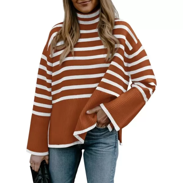 BTFBM Women Casual Turtleneck Striped Sweater 2024 Fall Winter Jumper Tops Long Sleeve Side Slit Oversized Knit PulloverStriped Rust Red