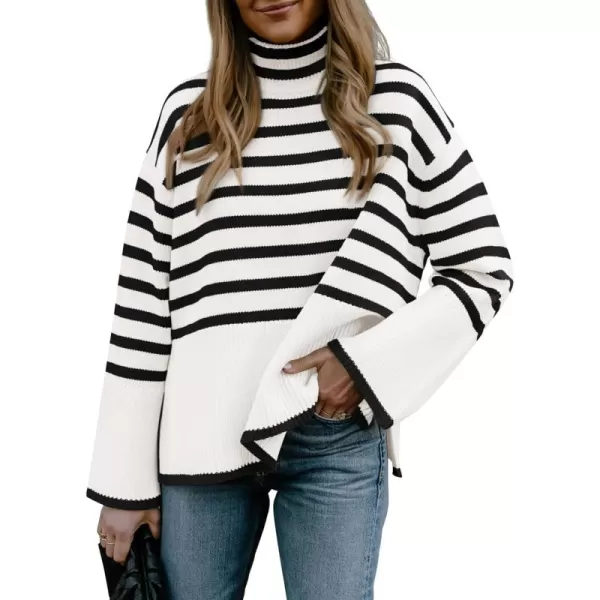 BTFBM Women Casual Turtleneck Striped Sweater 2024 Fall Winter Jumper Tops Long Sleeve Side Slit Oversized Knit PulloverStriped White