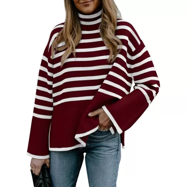 BTFBM Women Casual Turtleneck Striped Sweater 2024 Fall Winter Jumper Tops Long Sleeve Side Slit Oversized Knit PulloverStriped Wine Red