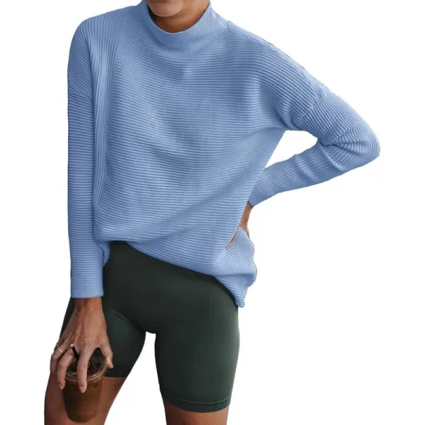 BTFBM Women Cozy Long Sleeve Mock Neck Fashion Sweaters Soft Solid Color Ribbed Knit Casual Fall Winter Pullover SweaterSolid Light Blue