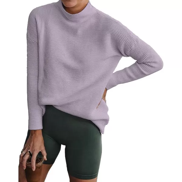 BTFBM Women Cozy Long Sleeve Mock Neck Fashion Sweaters Soft Solid Color Ribbed Knit Casual Fall Winter Pullover SweaterSolid Purple