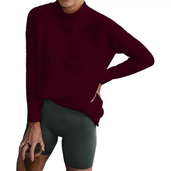 BTFBM Women Cozy Long Sleeve Mock Neck Fashion Sweaters Soft Solid Color Ribbed Knit Casual Fall Winter Pullover SweaterSolid Wine Red