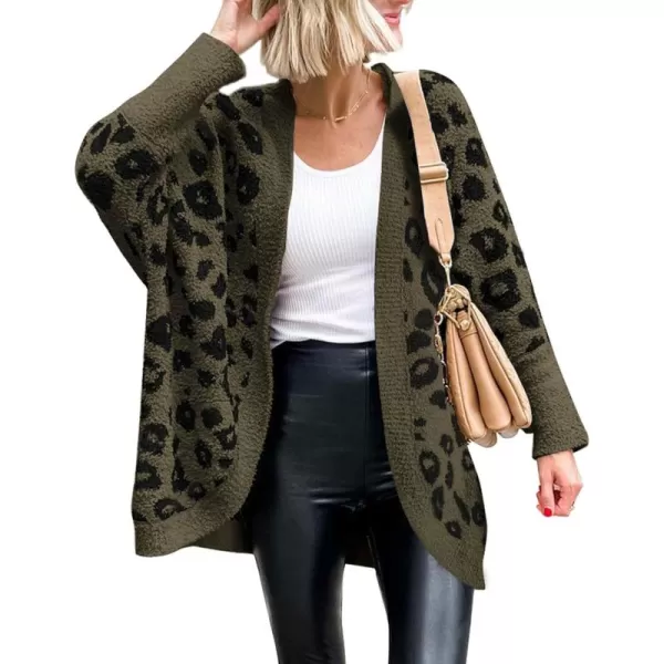 BTFBM Women Fashion Leopard Print Long Sleeve Sweater Cardigan Loose Knit Open Front Fall Winter Outwear CoatsLeopard Army Green