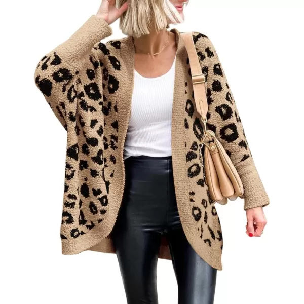 BTFBM Women Fashion Leopard Print Long Sleeve Sweater Cardigan Loose Knit Open Front Fall Winter Outwear CoatsLeopard Khaki