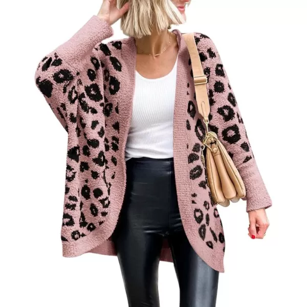 BTFBM Women Fashion Leopard Print Long Sleeve Sweater Cardigan Loose Knit Open Front Fall Winter Outwear CoatsLeopard Pink