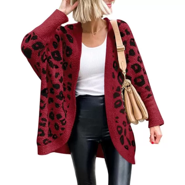 BTFBM Women Fashion Leopard Print Long Sleeve Sweater Cardigan Loose Knit Open Front Fall Winter Outwear CoatsLeopard Red