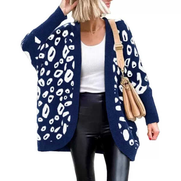 BTFBM Women Fashion Leopard Print Long Sleeve Sweater Cardigan Loose Knit Open Front Fall Winter Outwear CoatsLeopard Royal Blue