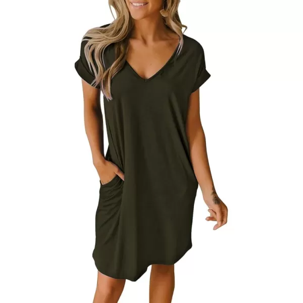 BTFBM Women VNeck Short Sleeve Summer Dresses 2024 Spring Casual Loose TShirt Tunic Short Dress Pajamas with PocketsArmy Green
