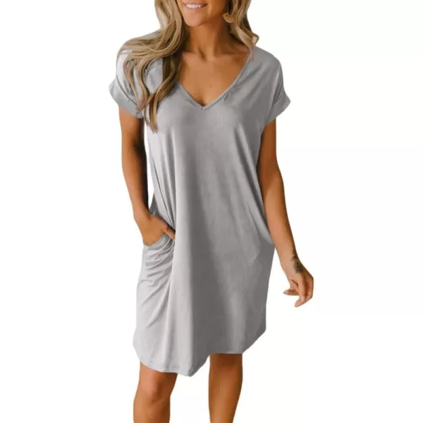 BTFBM Women VNeck Short Sleeve Summer Dresses 2024 Spring Casual Loose TShirt Tunic Short Dress Pajamas with PocketsGrey