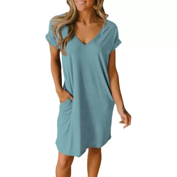 BTFBM Women VNeck Short Sleeve Summer Dresses 2024 Spring Casual Loose TShirt Tunic Short Dress Pajamas with PocketsGrey Blue